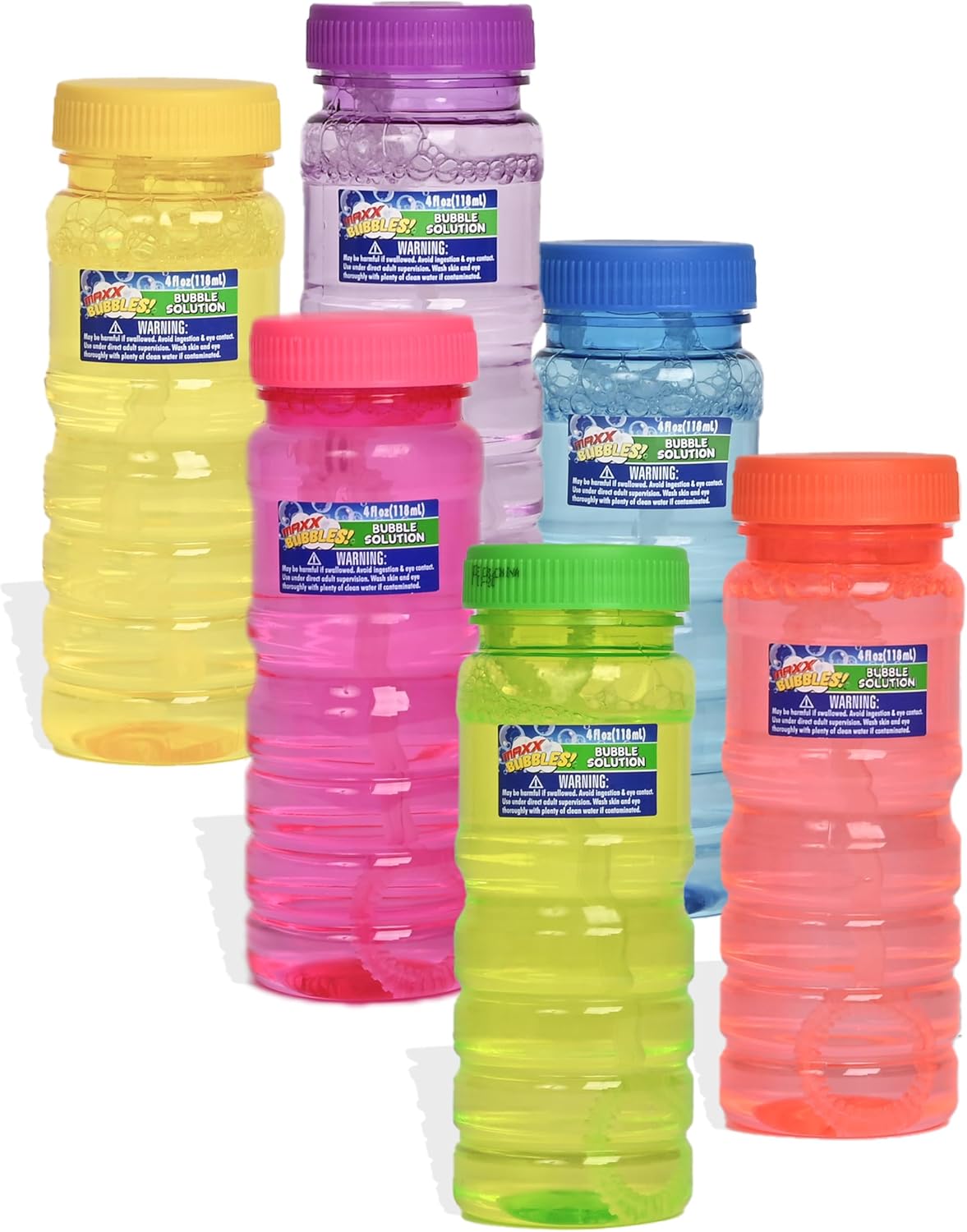 Sunny Days Entertainment 6 Pack Bubble Solution – 4oz Bubble Blower Bottles with 6-Hole Wand | Bottle of Bubble Solution for Kids | Birthday Party Favor Toy - Maxx Bubbles