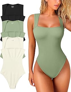 OQQ Women's 3 Piece Bodysuits Sexy Ribbed Strappy Square Neck Sleeveless Tummy Control Tank Tops Bodysuits
