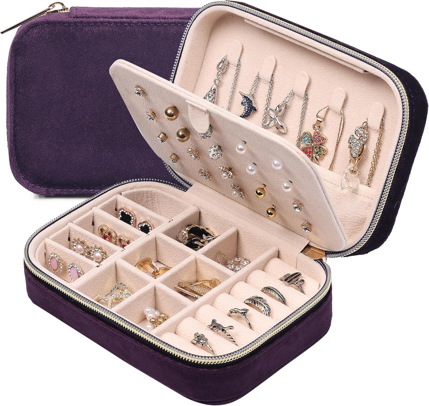 Dajasan Travel Jewellery Box,Small Jewelry Organiser Storage Case for Necklace Rings Bracelets Earrings Velvet Jewellery Gift Box Girls Women(Deep Purple)