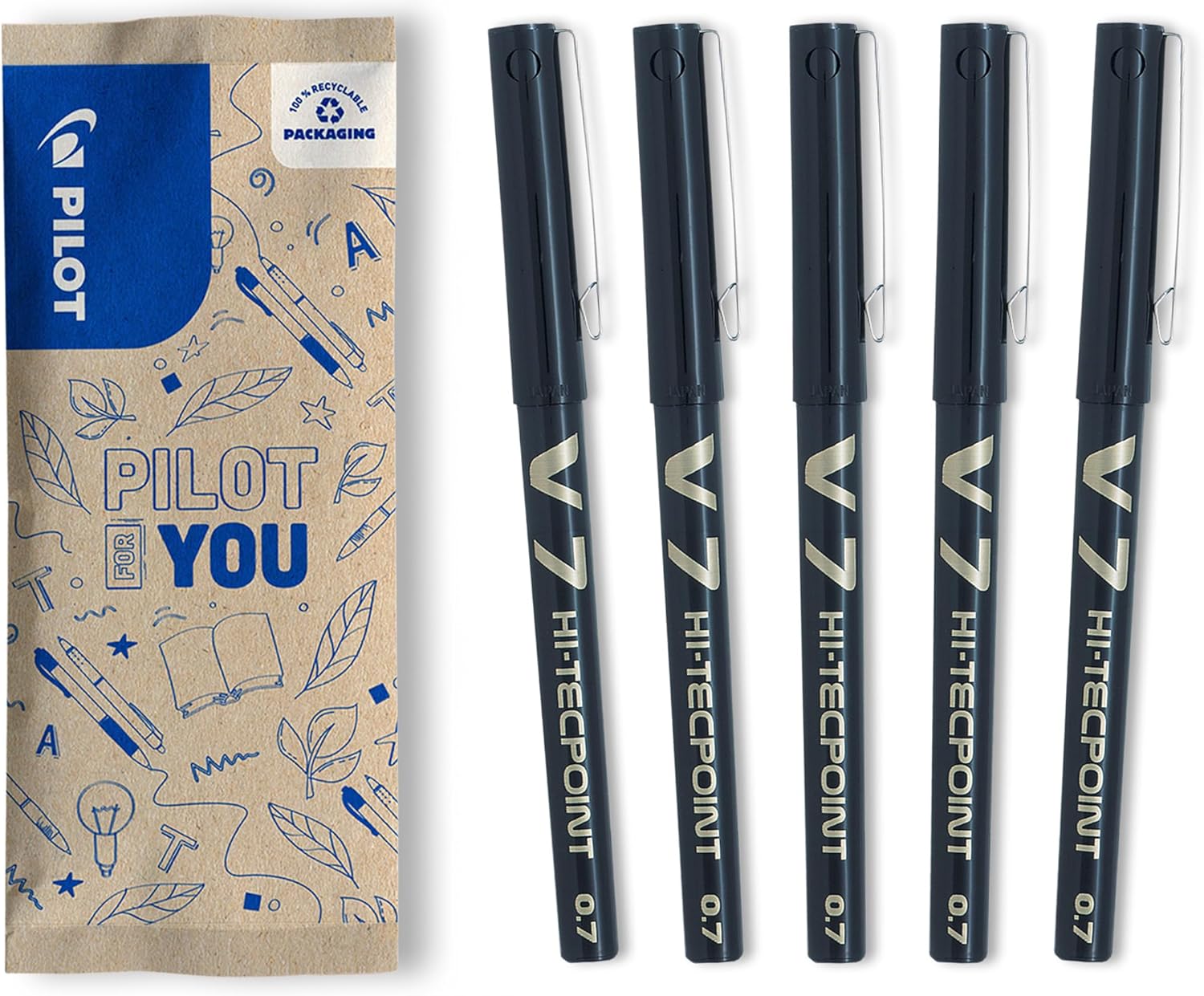 PILOT - Set of 5 V7 - Liquid Ink Rollerball - Black - Medium Tip