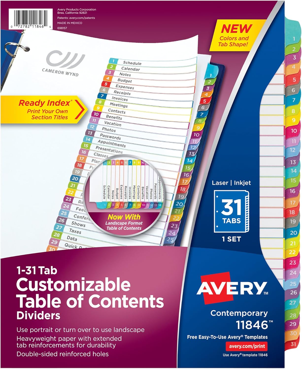 Avery 1-31 Dividers for 3 Ring Binders, 31 Tabs per Set, Customizable Table of Contents, Multicolor Arched Tabs, Great for Organizing Reports, Projects, and More (11846)