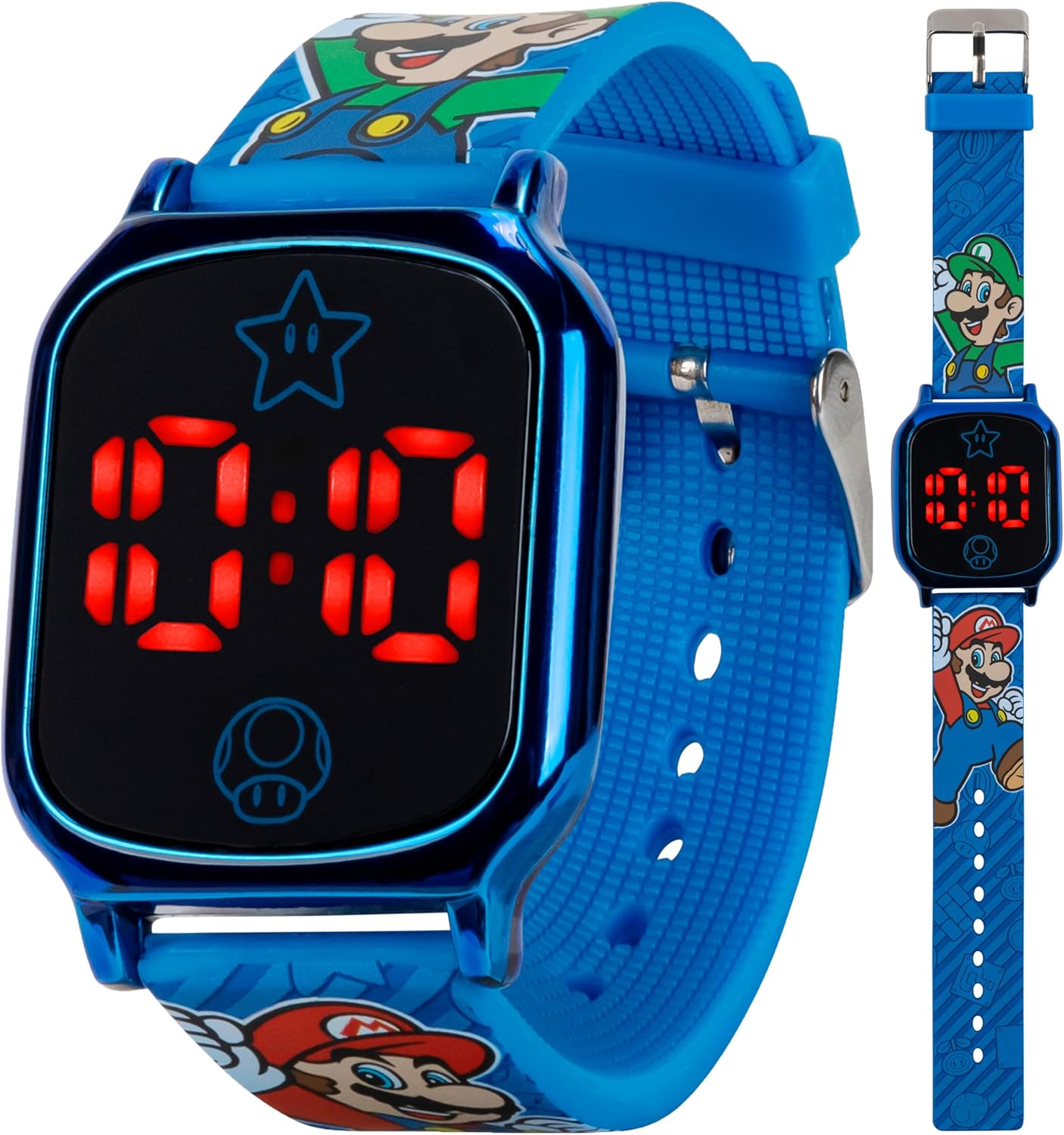 Accutime Super Mario Kids Touch-Activated LED Watch - Digital Time Display, Blue Alloy Case, Soft Silicone Strap, Fun Mario & Luigi Design - Fits Wrists 5.5" to 8"
