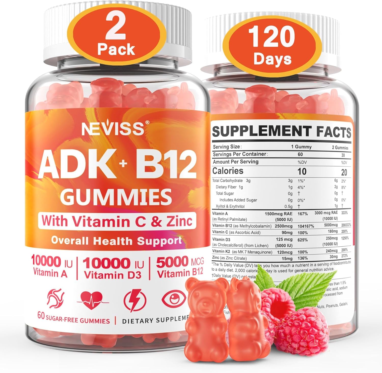 Sugar-Free ADK+Vitamin B12 Gummies - Vitamin D3 K2 10,000IU/ 5000IU, B12 5000mcg 2500mcg, K2 (MK-7) 240mcg, Multivitamin Adults-Vitamin A,Vegan Vitamin D,Methyl B12,C,Zinc-Eye,Bone,Energy,Nerve,Immune