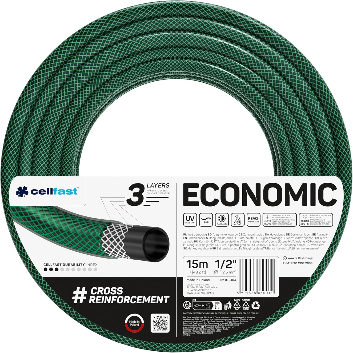 Cellfast Garden Hose ECONOMIC 1/2" 15m, Flexible and Three-layer Hose, Resistance to UV, Internal Part Resistant to Algae, 10-004