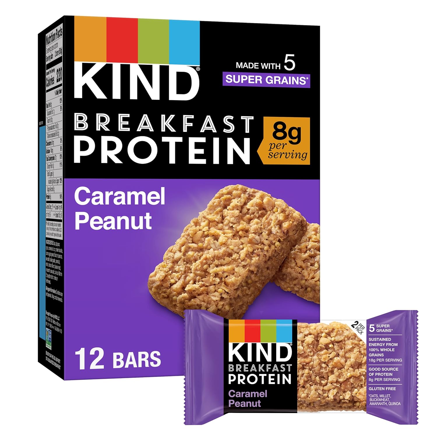 KIND Breakfast Protein Bars, Caramel Peanut, Healthy Snacks, Gluten Free, 8g Protein, 6 Count