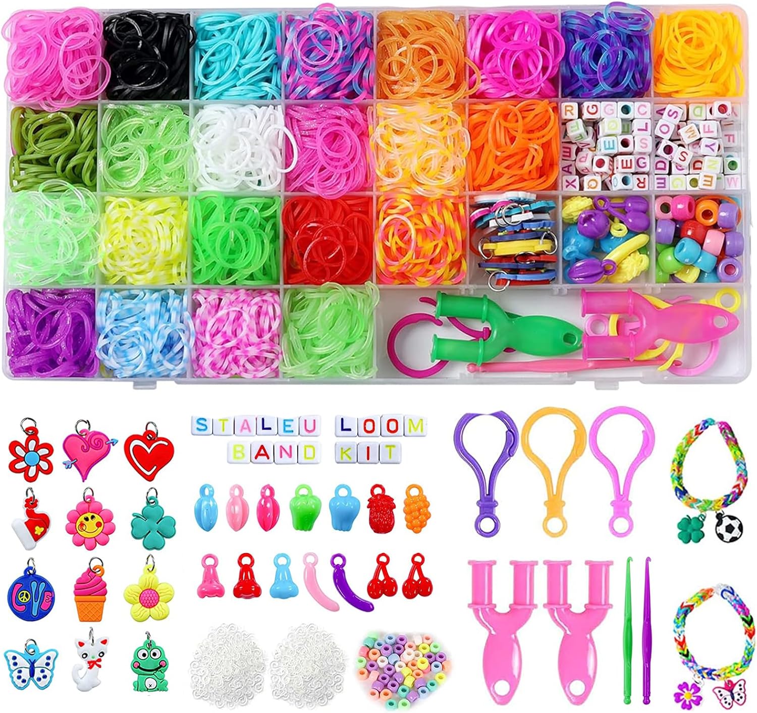 Loom Bands Set with Charms Beads, 29 Grids Loom Bands Starter Kit Storage Case for DIY Refill Bracelet Making Craft, X-mas Birthday Party Gift for Kids