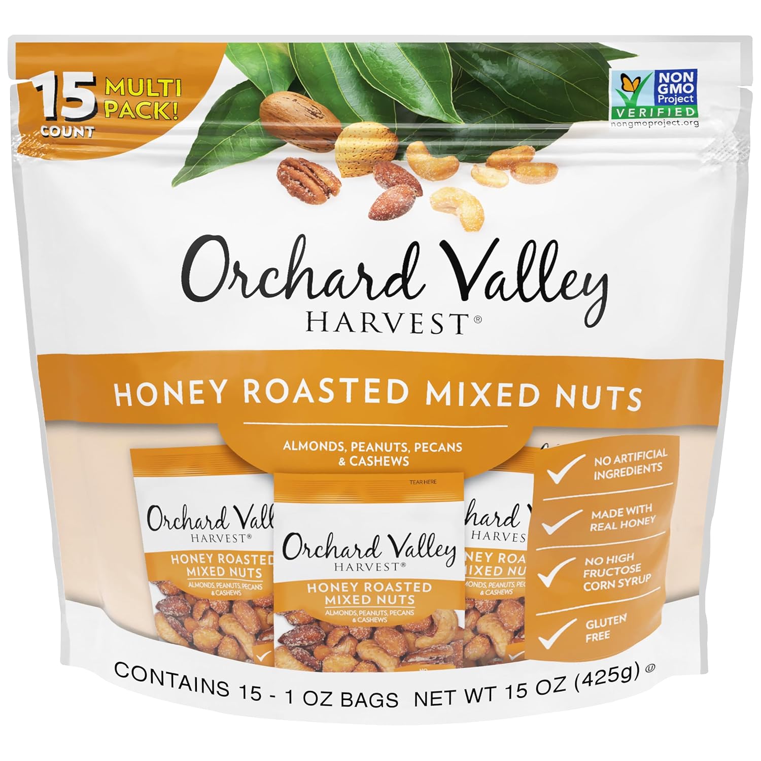 Orchard Valley Harvest Honey Roasted Mixed Nuts, 1 Ounce Bags (Pack of 15), Almonds, Peanuts, Pecans, and Cashews, Gluten Free, Non-GMO, No Artificial Ingredients