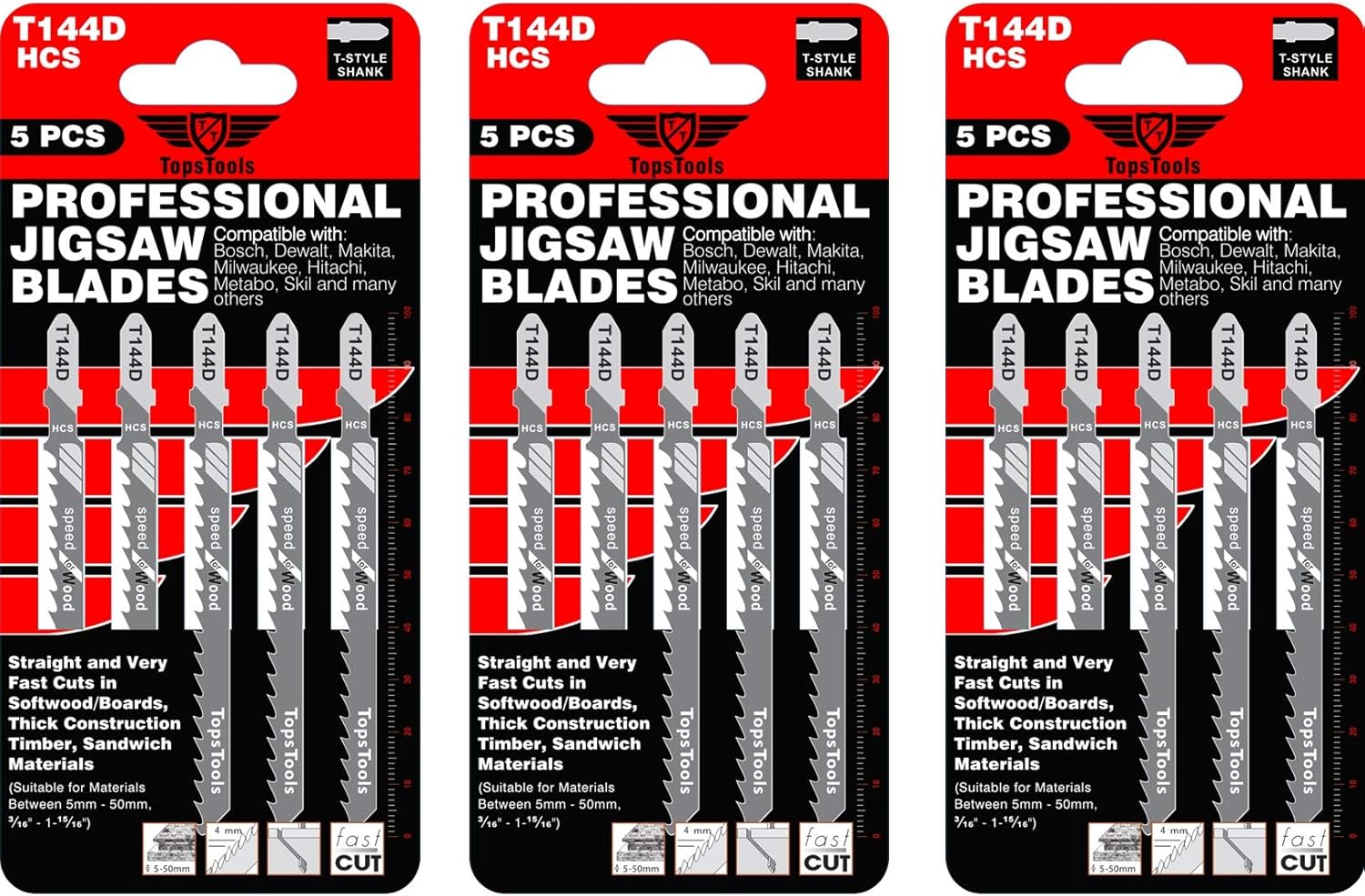 15 x TopsTools T144D 100mm Jigsaw Blades Designed for Straight and Fast Cuts in Wood