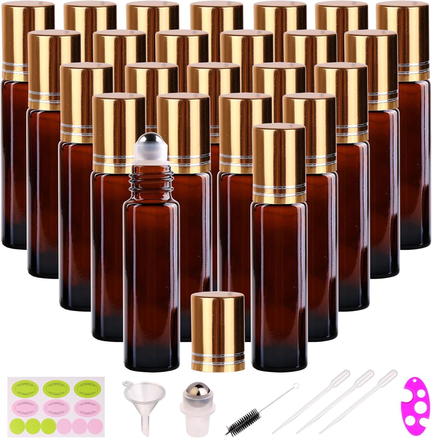 inice 24 Pack Roller Bottles for Essential Oils, Amber Galss 10ml Roll On Bottle with Stainless Steel Roller Balls and Metal Caps
