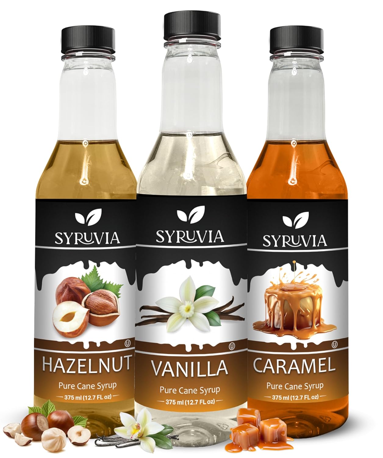 Syruvia Coffee Syrup Variety Pack 12.7 fl oz, Vanilla, Hazelnut, Caramel Flavored Syrups