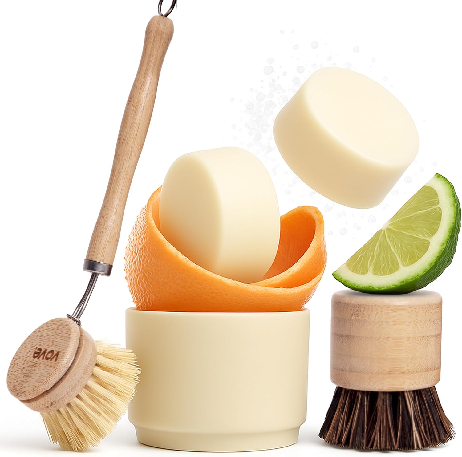 Vove Dish Soap Bundle, 2 Bars, 2 Bamboo & Sisal Scrub Brushes, 1 Ceramic Cup - Plant-Based Coconut Oil Soap with Citrus Essential Oils, FSC-Certified Bamboo, Plastic-Free, Zero-Waste Cleaning Set