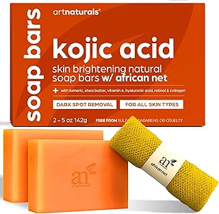Artnaturals Kojic Acid Soap + African Net Sponge (2 pack X 142g Turmeric bars) Dark spot remover & Scars - Original Japanese Complex Vitamin C, Hyaluronic Acid, retinol, shea butter (Citrus)