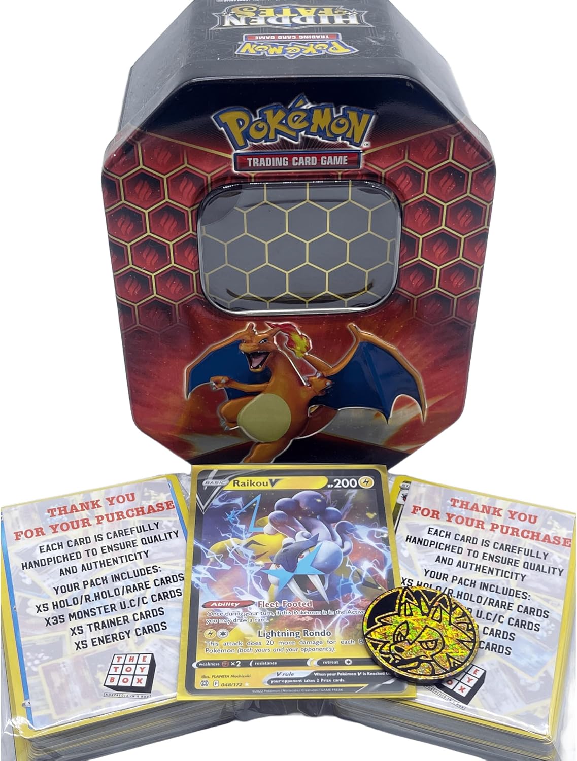 The Toy Box® - Tin Bundle - 100 Assorted Pokemon Cards, 1x Rare Ultra Shiny Card & Game Coin Compatible with Pokemon TCG