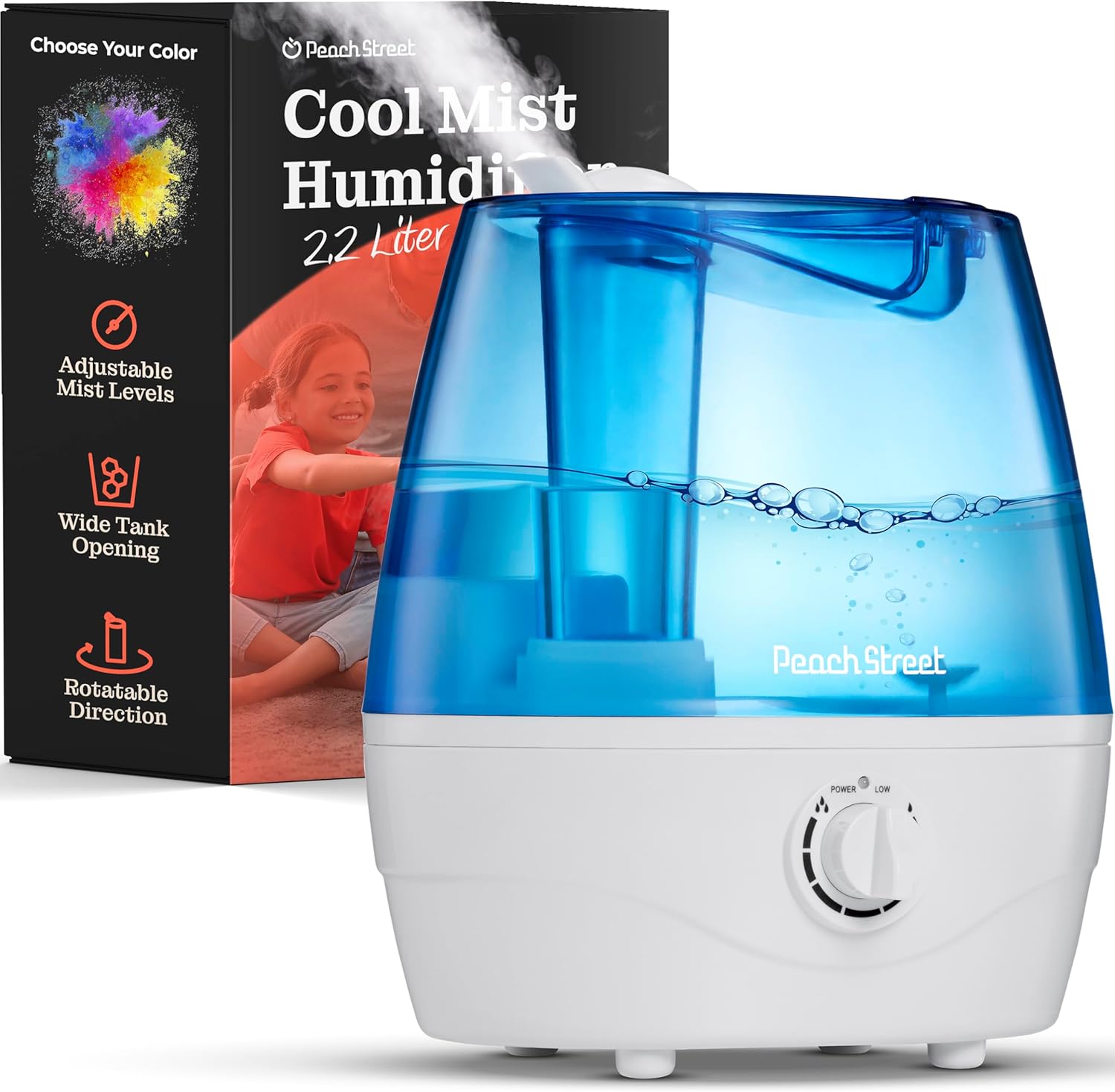 Cool Mist Humidifiers for Bedroom - 2.2L Water Tank, Baby, Office, Quiet Ultrasonic Air Vaporizer, Adjustable Mist Level, 360 Nozzle Rotation, Auto-Shut Off, Large Area Humidifier Easy Fill and Clean