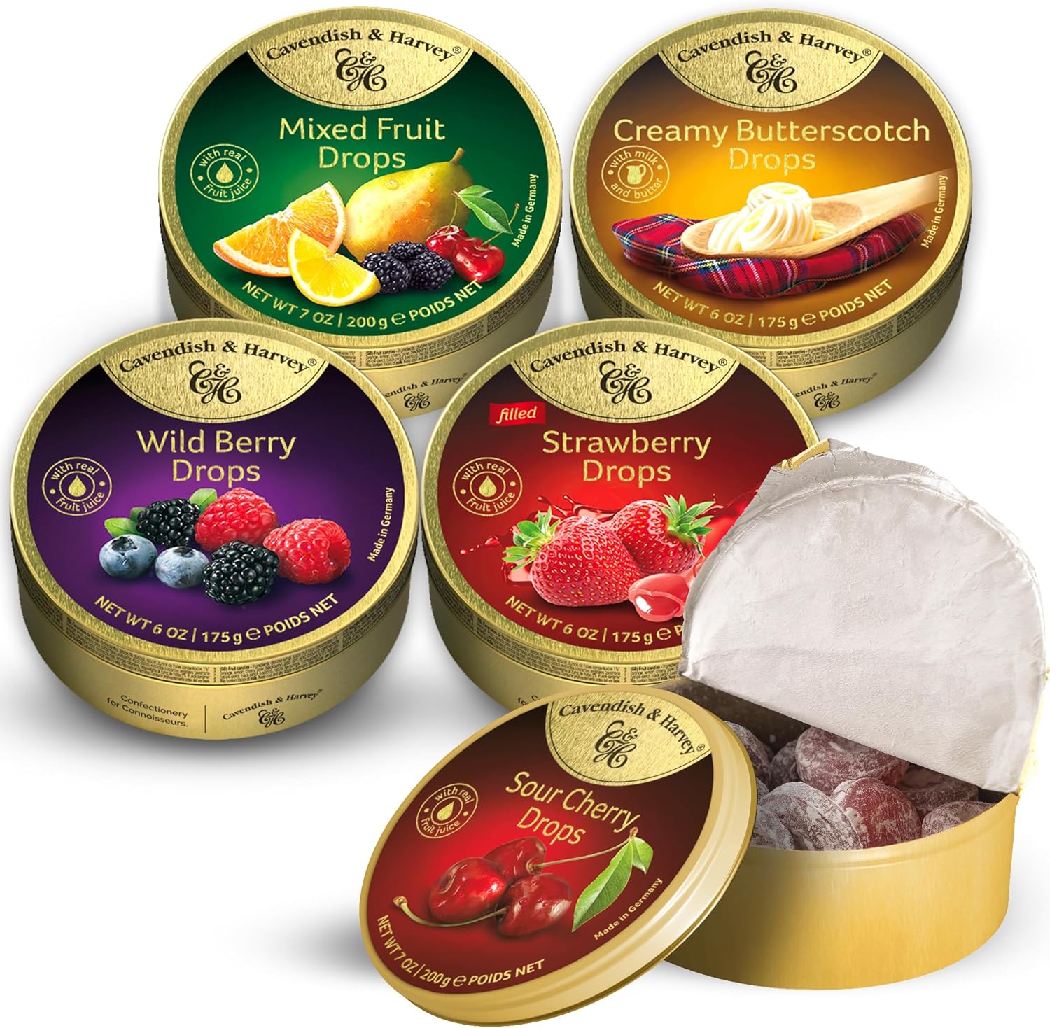 Cavendish & Harvey Premium Hard Candy Variety Pack – Mixed Fruit, Sour Cherry, Strawberry Filled, Creamy Butterscotch, and Wild Berry Flavors – 5 Pack, 175g-200g Tins