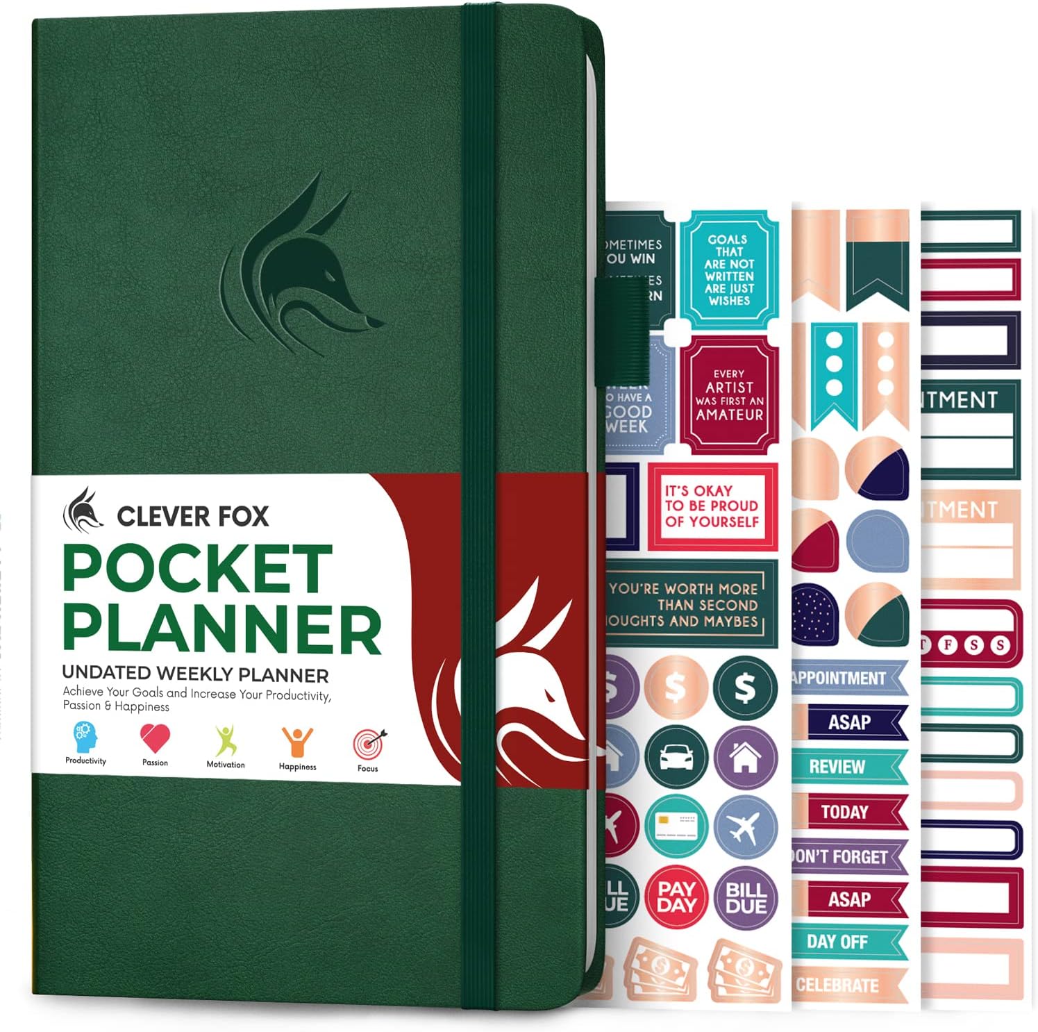 Clever Fox Pocket Planner Weekly – Undated Monthly Goal Planner and Calendar, Mini Planner Perfect for Purse, 3.7x6.7" (Forest Green)