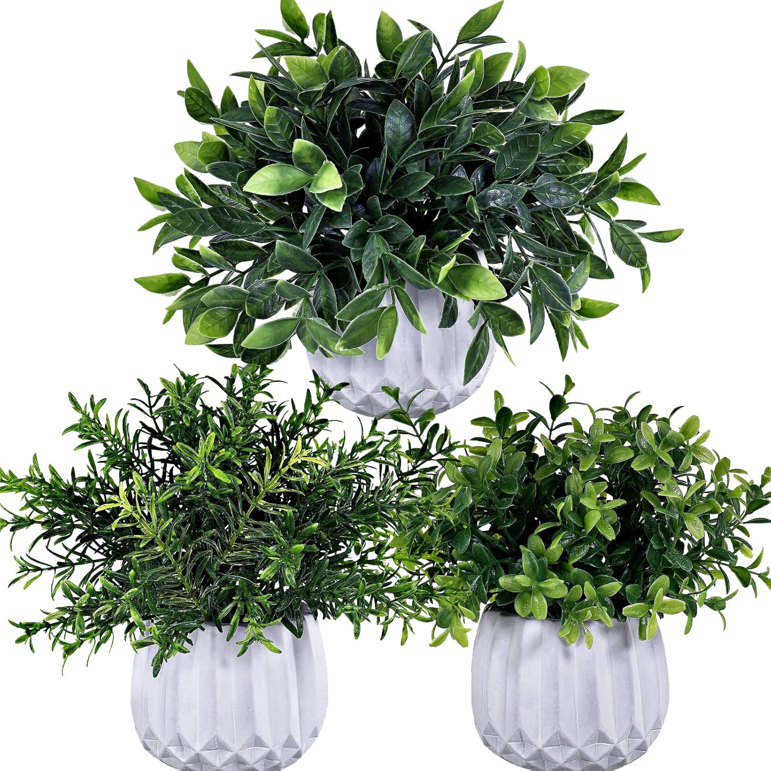Winlyn 3 Pcs Faux Potted Plants Set - Artificial Eucalyptus, Rosemary, Boxwood Greenery in Small White Geometric Planters for Indoor Outdoor Desk Table Centerpiece Shelf Windowsill Home Office Decor