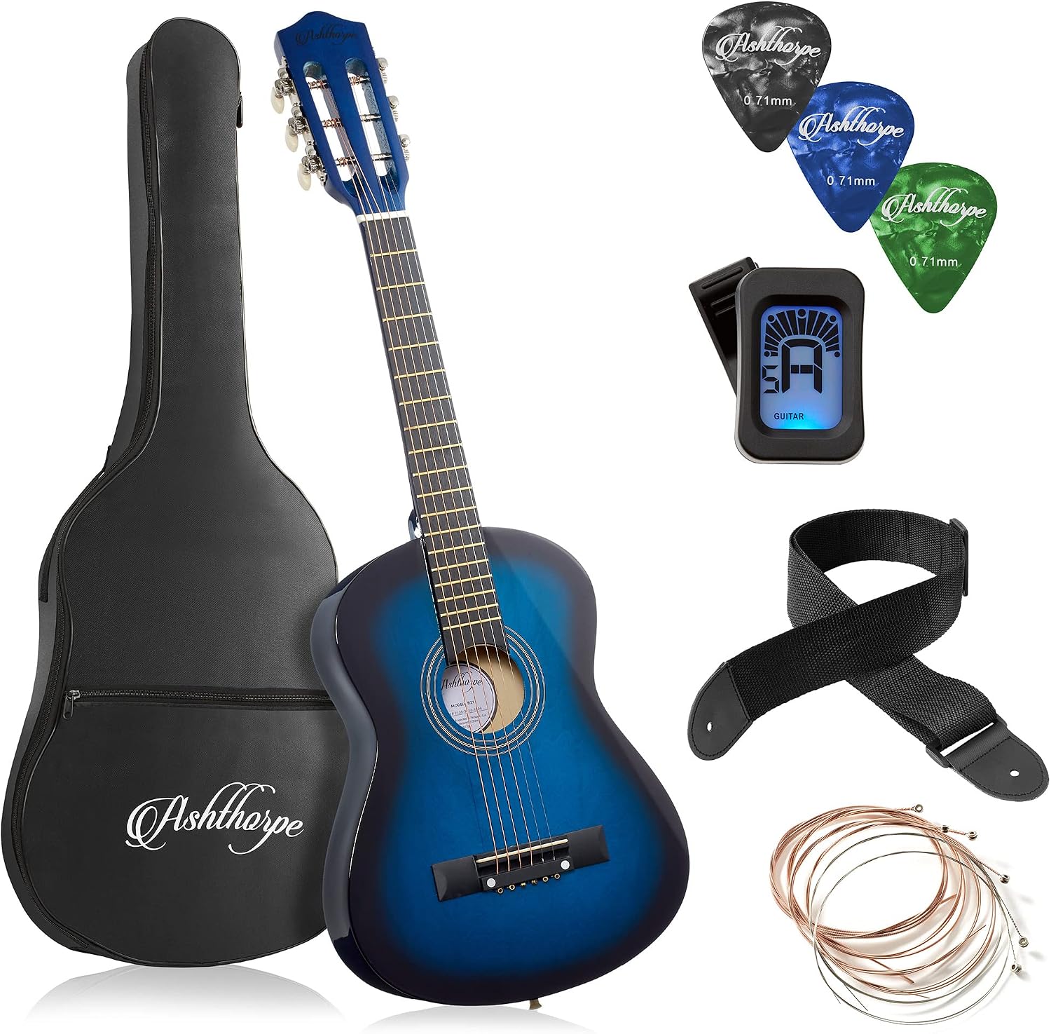 Ashthorpe 30-inch Kids Acoustic Guitar (Blue), Beginner Starter Kit with Gig Bag, Extra Strings, Strap, Picks, and Lessons