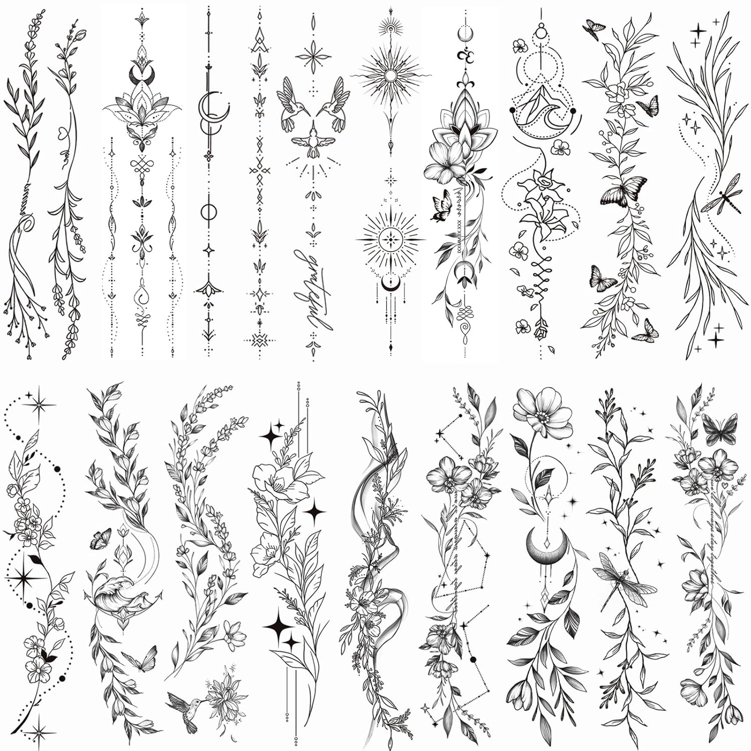 Tazimi Temporary Tattoos For Women Girls-24 Sheets Branch Flower Leaf Wild Plants Sketch Realistic Long-lasting Tattoo Stickers Waterproof Tattoo Sets for Arm Collarbone Leg Backbone Body Art