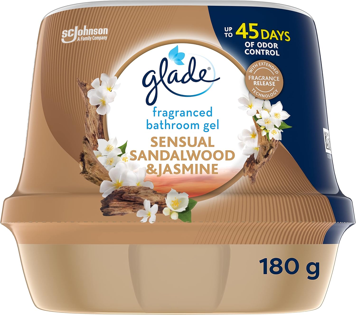 Glade Fragranced Bathroom Gel, Bathroom Air Freshener & Discreet Odour Eliminator, Sensual Sandalwood and Jasmine, 180g (Packaging may vary)
