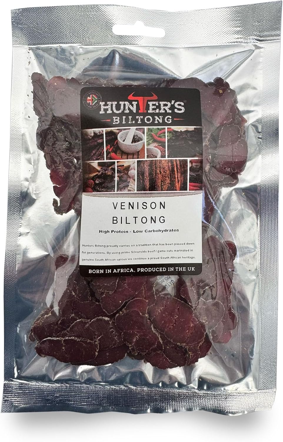 Hunters Biltong - Venison Biltong - 100 Gram - Authentic South African Biltong - High Protein Healthy Snack for Training - Low Sugar & Gluten Free, MSG Free - Suitable for Paleo and Keto Diets