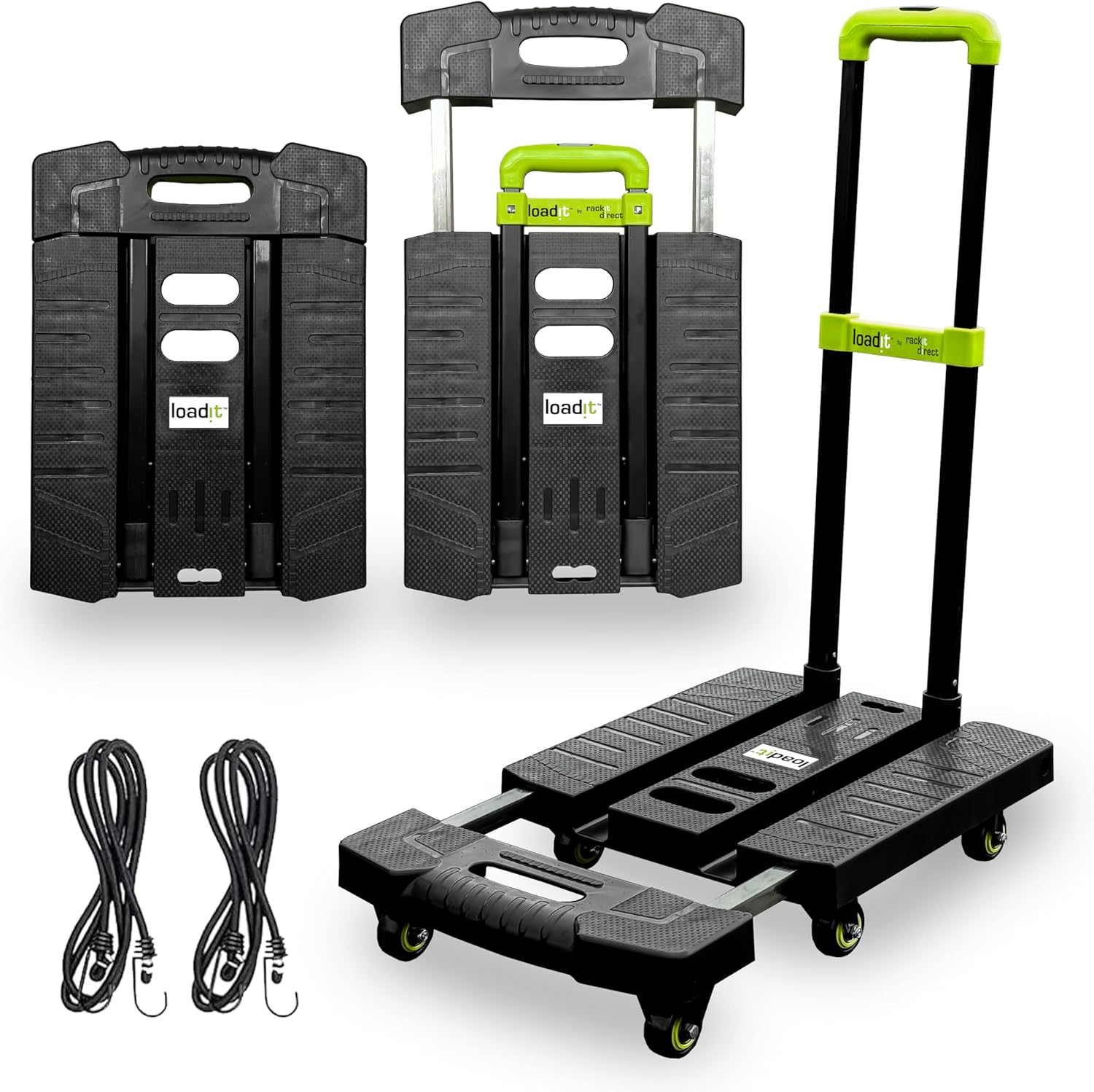 LoadiT Extendable Platform Trolley, 225kg Heavy Duty Folding Hand Truck Cart, 6-Wheel Moving Dolly & Foldable Moving Trolley for Heavy Items, Telescopic Handle, Adjustable Baseplate & Bungee Cords