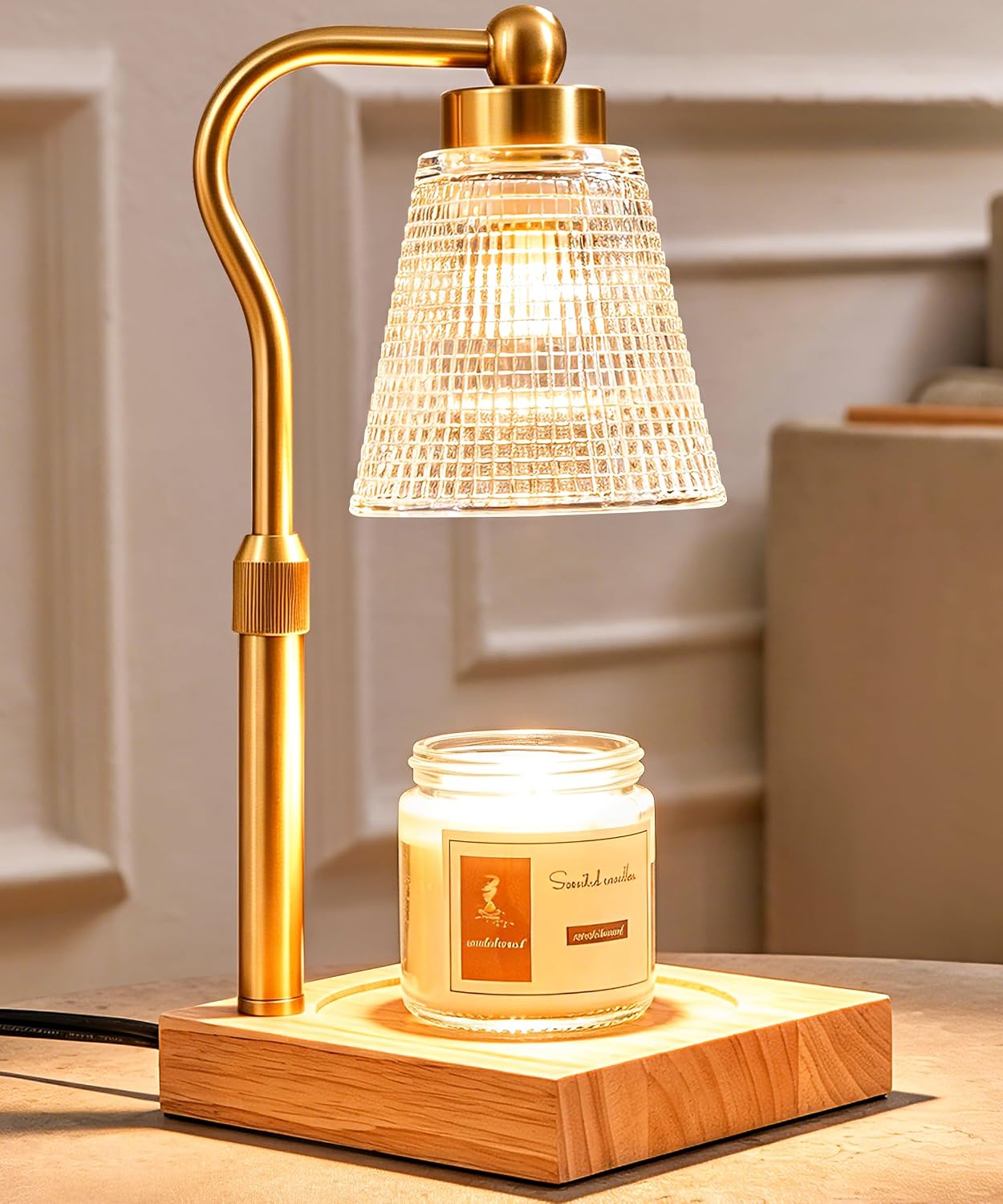 Height Adjustable Candle Warmer Lamp with Timer, 3 Dimmable Wax Melt Warmer, Birthday Gifts for Women Mom, House Warming Gifts New Home Decor, Candle Warmer for Jar Candles with 2 Bulbs, Gold-Clear