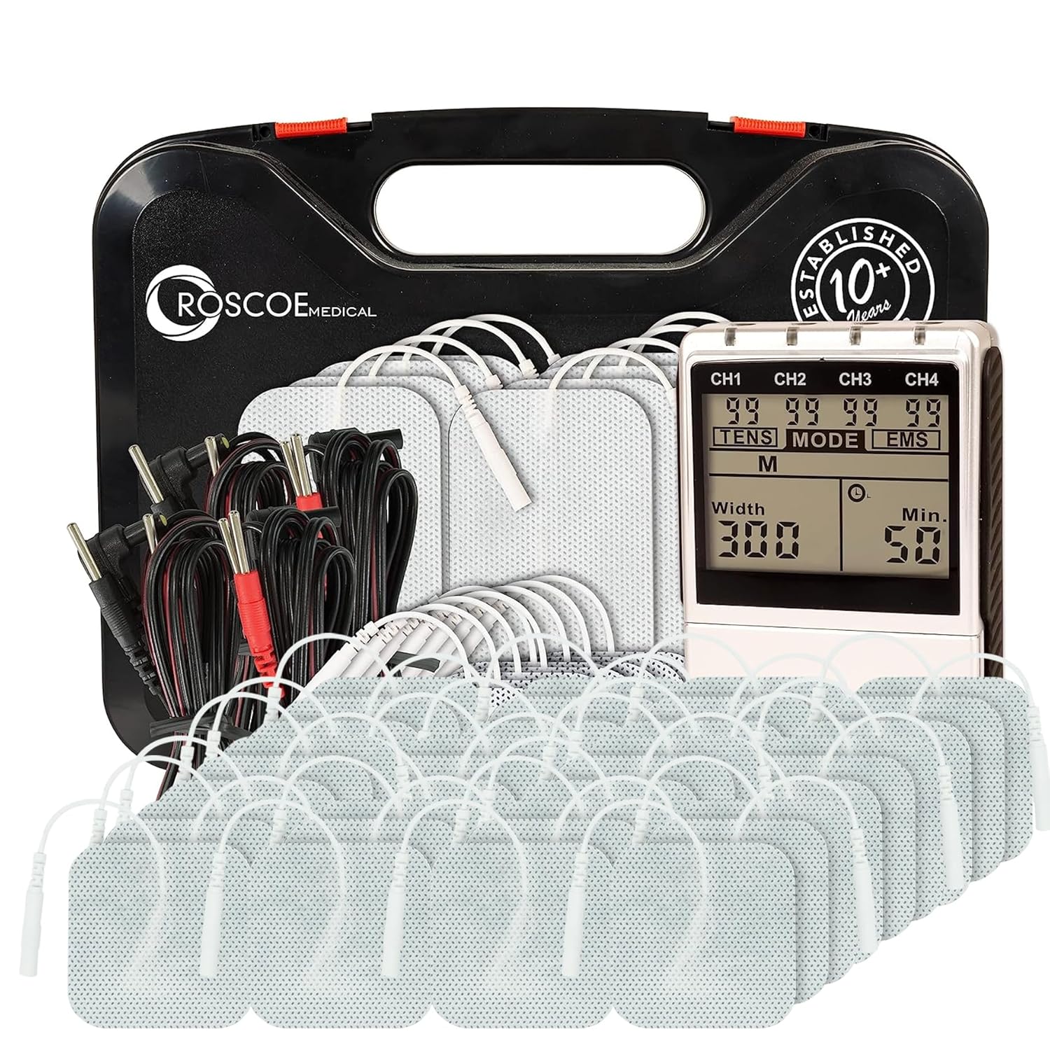 Roscoe Medical 4 Channel EMS and TENS Unit Muscle Stimulator for Back Pain Relief, Electric Muscle Stimulator with 48 Pack of Electrodes for Recovery, Stim Machine, Electrotherapy, TENS Machine