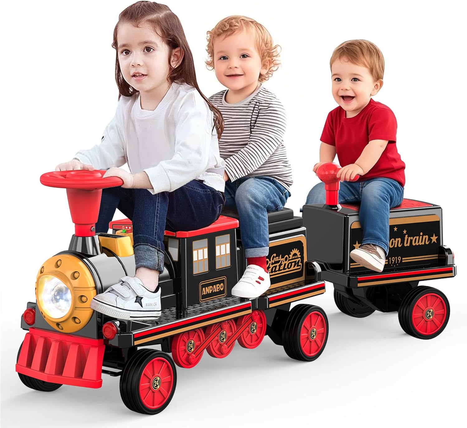 ANPABO Ride On Train Set Trackless, Include 1 Locomotive and 1 Carriage, 12V Kids Car with Height-Adjustable Seat, Extra Storage, Headlight, Train Whistle & Music, Electric Car for Kids 3+, Red