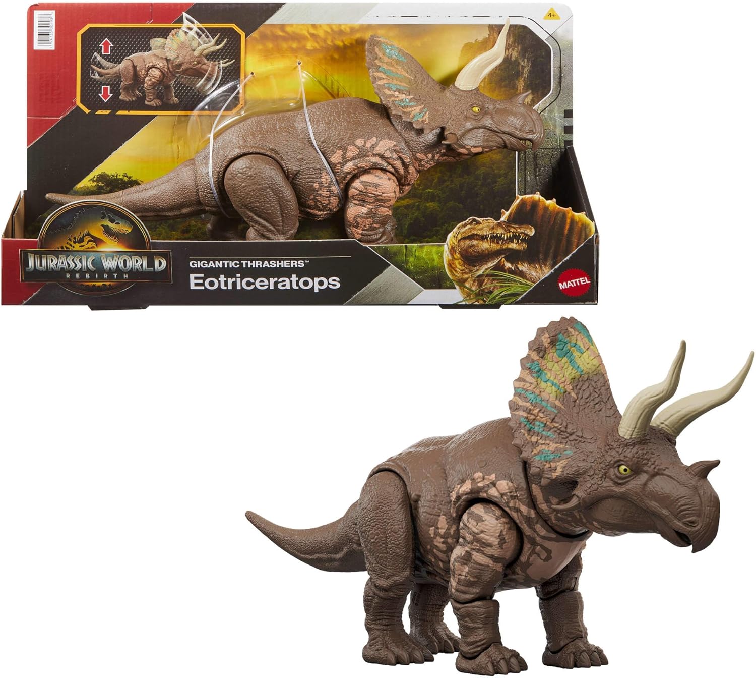 Mattel Jurassic World Rebirth Gigantic Thrashers Eotriceratops Dinosaur Figure Toy, Large Species, 2 Tail Activated Rampage Attacks, Digital Play​, JGB93