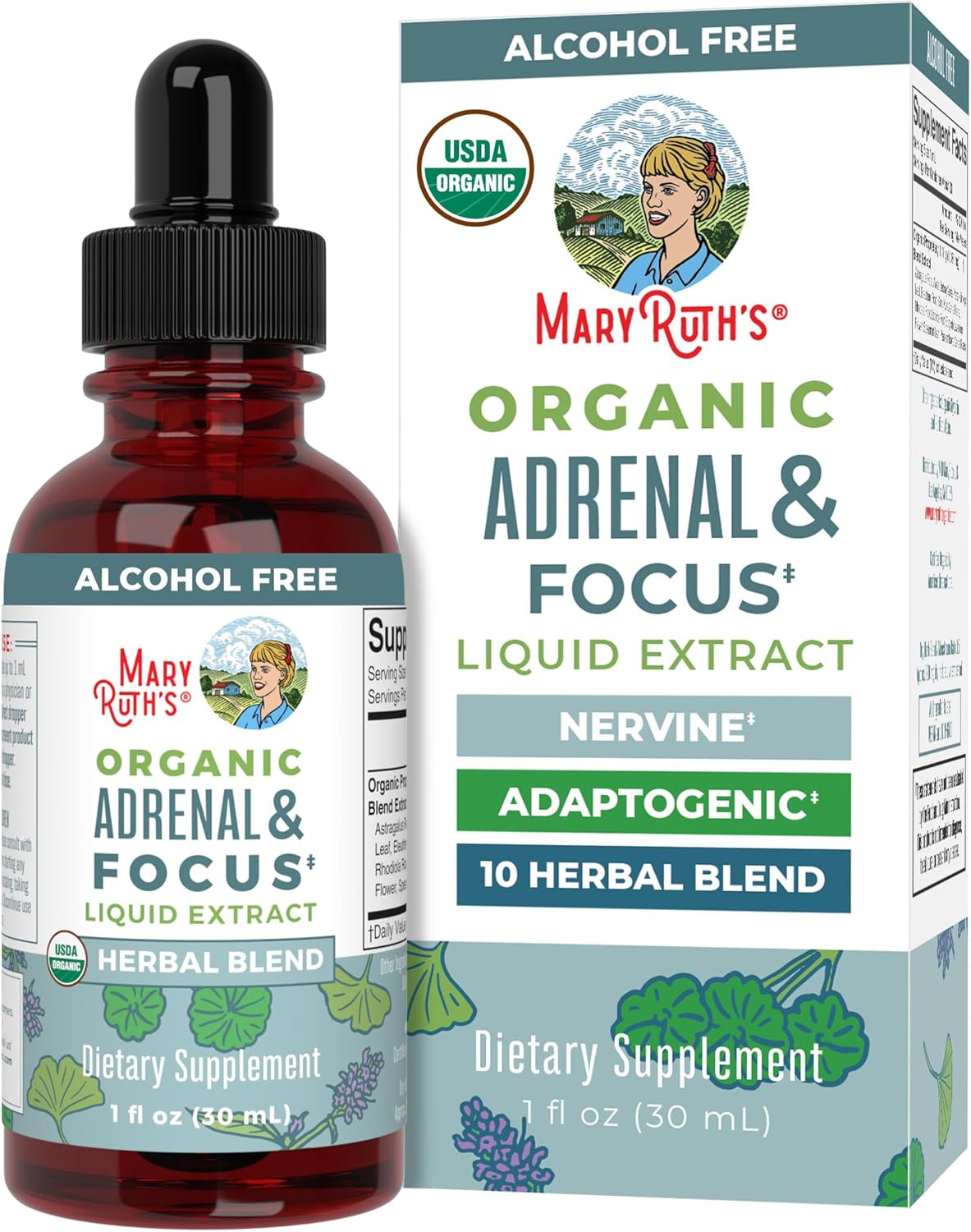 MaryRuth Organics - USDA Organic Brain Nootropic Supplement for Adults with Ginkgo Biloba & Astragalus | Focus & Adrenal Support | Brain & Memory Drops | Vegan | Non-GMO | Gluten Free | 30 Servings