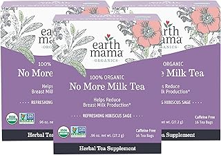 Earth Mama No More Milk Tea | Organic Herbal Tea Bags to Reduce Breast Milk Production, Stop Breastfeeding, & Wean Lactation Naturally, Postpartum Essentials, Hibiscus & Sage Decaf Tea (16-Count, 3PK)