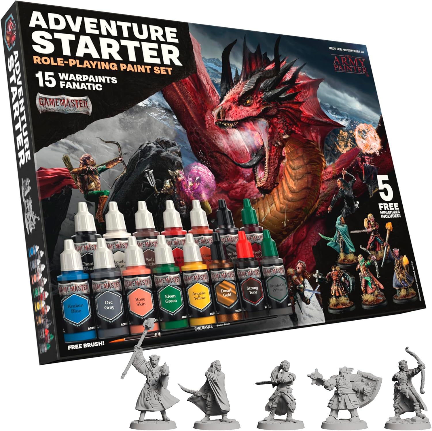 The Army Painter, GameMaster: Adventure Starter Role-playing Paint Set, 15 x 18ml Warpaints Fanatic Acrylic paints, incl. a Brush-On Primer, 5 FREE Miniatures & 1 Brush - For Warhammer & Dnd