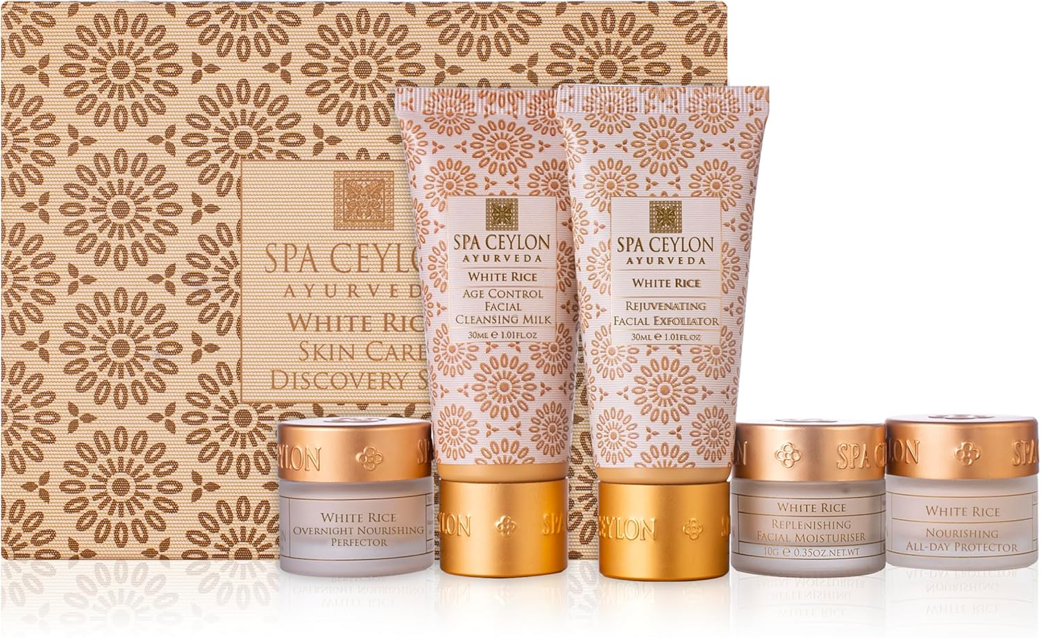 Spa Ceylon White Rice Skin Care Discovery Set | Travel Size Face Care Set | Organic | For Normal to Oily Skin | Moisturizer 10g, Cleansing Milk 30g, Exfoliator 30g, 10g of each Day and night Protector