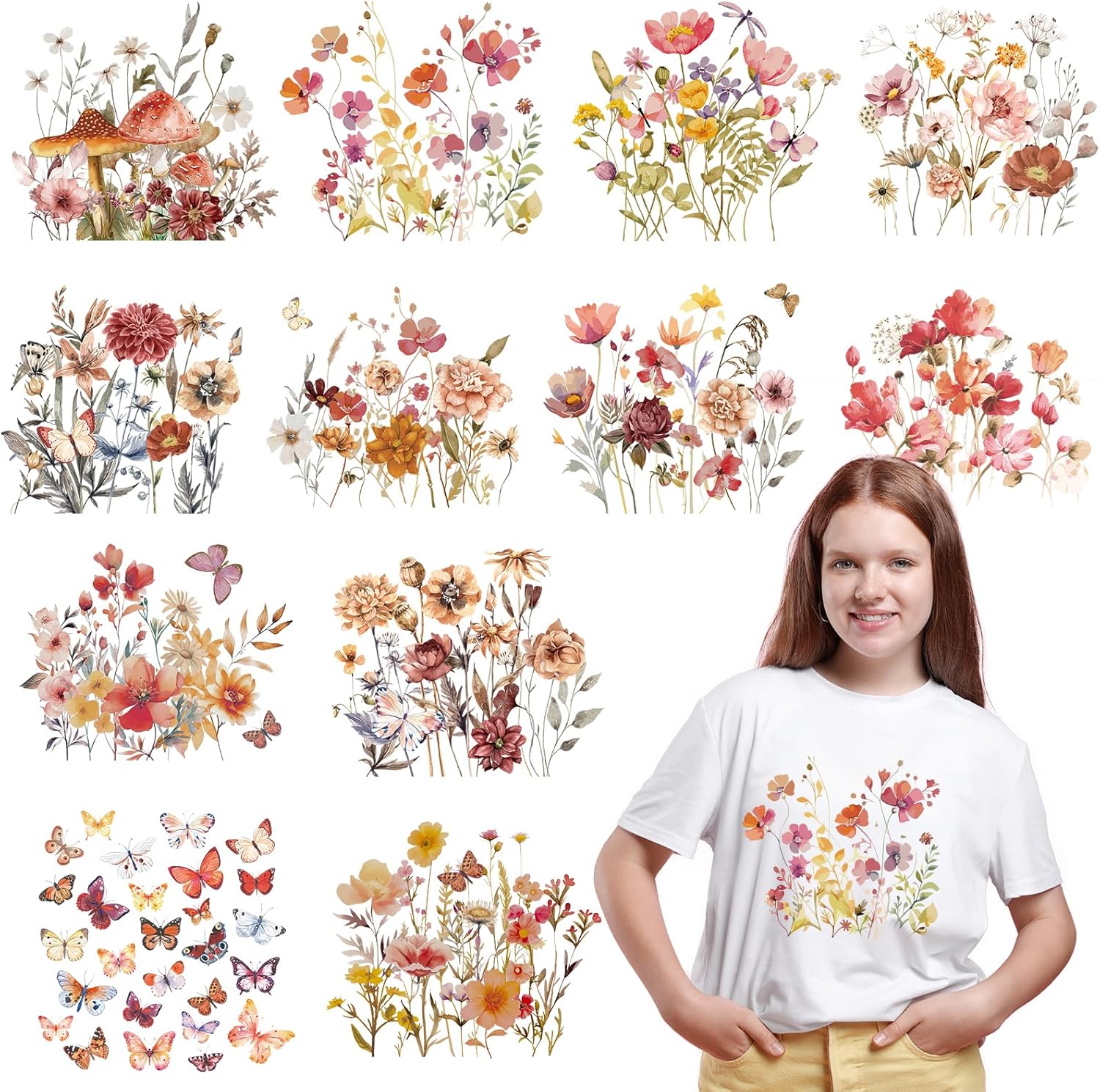 Dtf Transfers Ready to Press - 12 Pcs Flower Iron on Transfers for T-Shirts Boho Floral Iron on Patches Stickers Heat Transfer Vinyl Decals for Clothes Bag Pillow DIY Crafts Fabric Decor