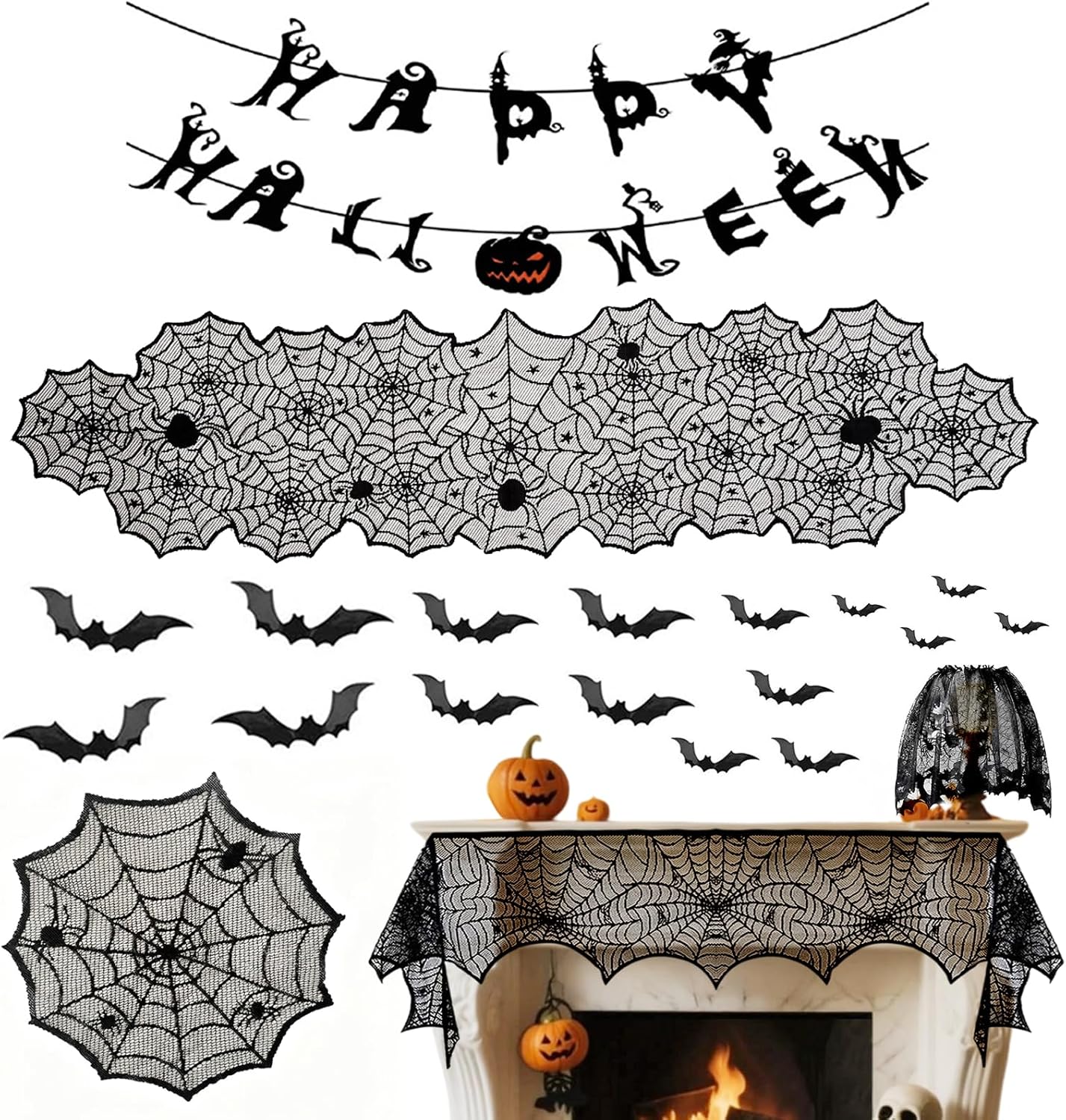 36 Pack Halloween Decorations Set,Black Lace Spiderweb Tablecloth & Table Runner, Fireplace Mantel Scarf, Spider Lampshade Covers with 16PCS 3D Bats for halloween decorations indoor