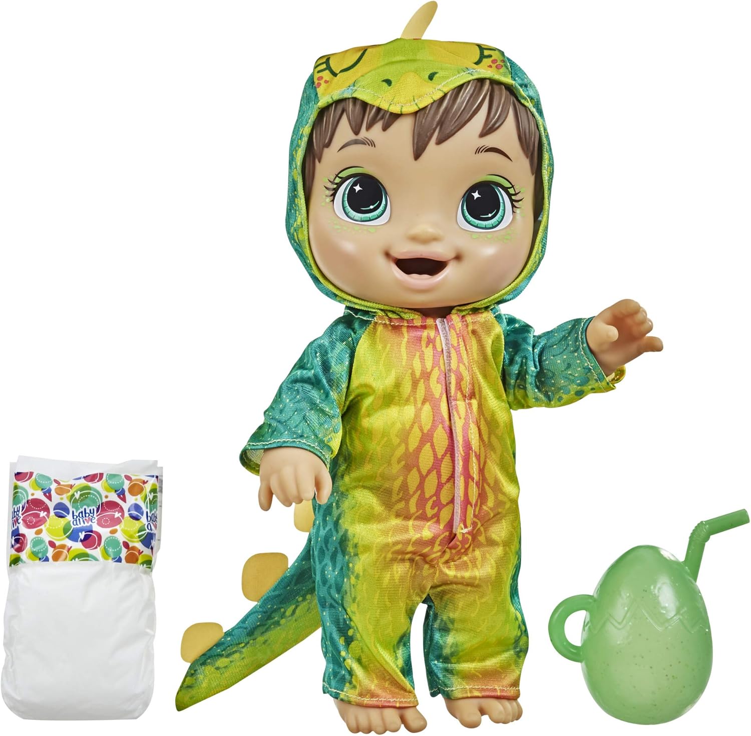Baby Alive Dino Cuties Doll, Stegosaurus, Doll Accessories, Drinks, Wets, Stegosaurus Dinosaur Toy for Kids Ages 3 Years and Up, Brown Hair