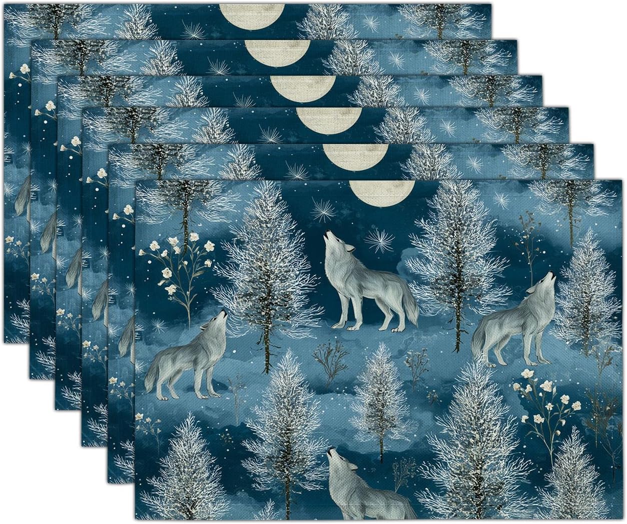 Night Sky Wolves Printed Linen Placemats Set Of 2 For Dining Table, 18X12In For Kitchen Holiday Decoration Christmas Forest Two Layers Washable Rectangular Table Place Navy Blue