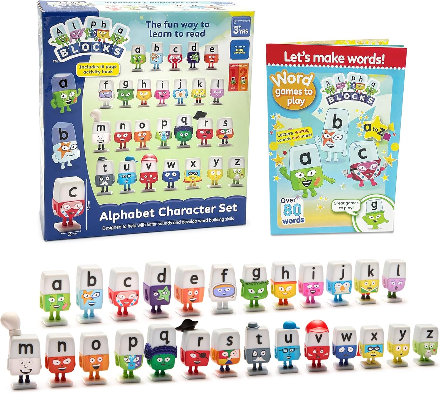 ALPHABLOCKS Alphabet Character Set - 26 Letter Alphabet Toys for Phonics Games & Reading Skills with Interactive Activity Book Featuring 90+ Decodable Words for Kids Learning
