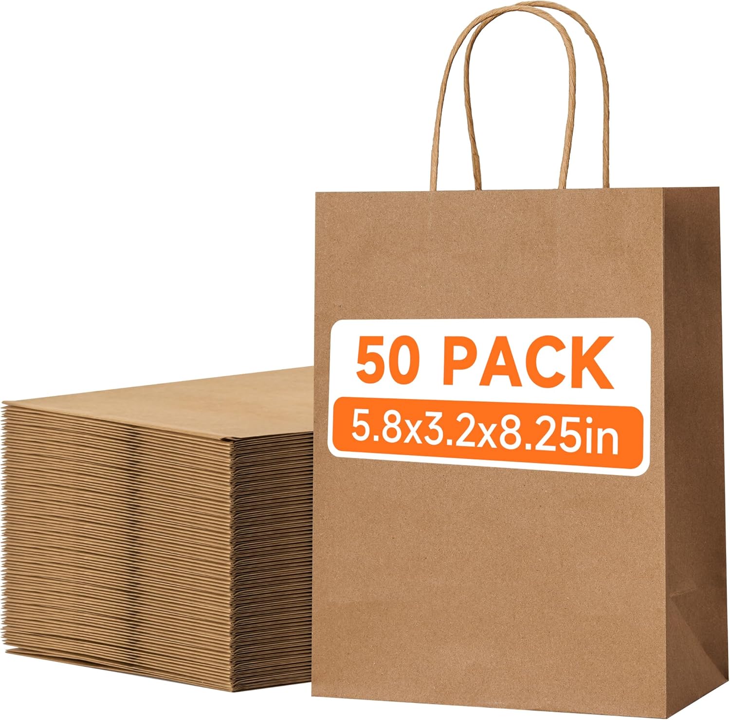 50 Pack Small Brown Paper Gift Bags with Handles, 5.8"x3.2"x8.25" Kraft Paper Gift Bags for Retail, Birthday Parties, Shopping, Versatile Craft Bags & Goodie Sacks