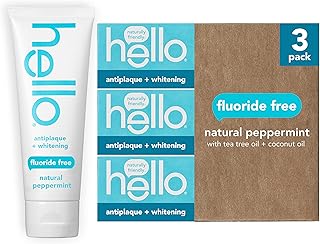 Hello Antiplaque Toothpaste, Fluoride Free for Teeth Whitening with Natural Peppermint Flavor and Tea Tree Oil, Peroxide Free, Gluten Free, SLS Free, 3 Pack, 4.7 OZ Tubes