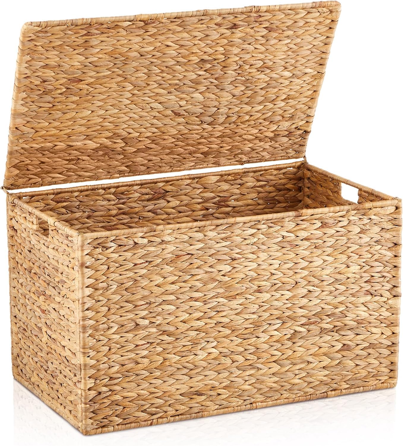 Wonderjune 30 x 17.5 x 17.5 Inch Water Hyacinth Wicker Storage Trunk with Metal Frame, Heavy Duty Storage Chest with Lid Large Rattan Basket for Blankets, Seasonal Clothes, Extra Bedding (Natural)