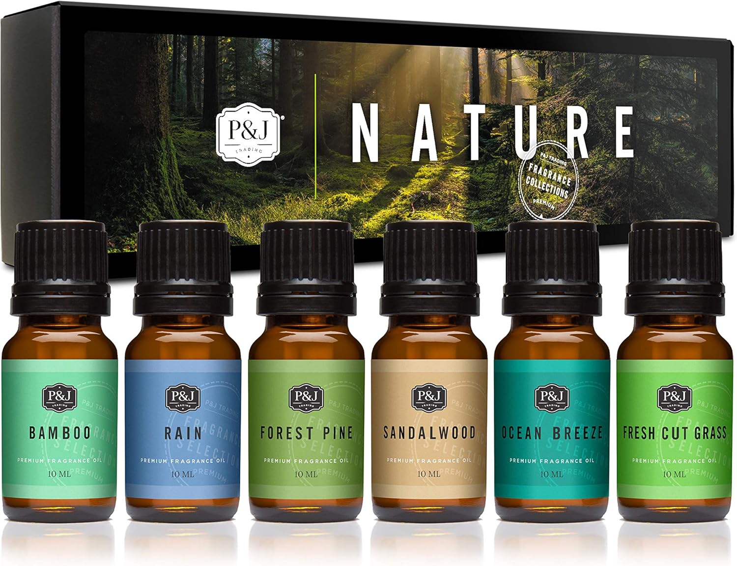 P&J Trading Nature Set of 6 Premium Grade Fragrance Oils - Forest Pine, Ocean Breeze, Rain, Fresh Cut Grass, Sandalwood, Bamboo - 10ml