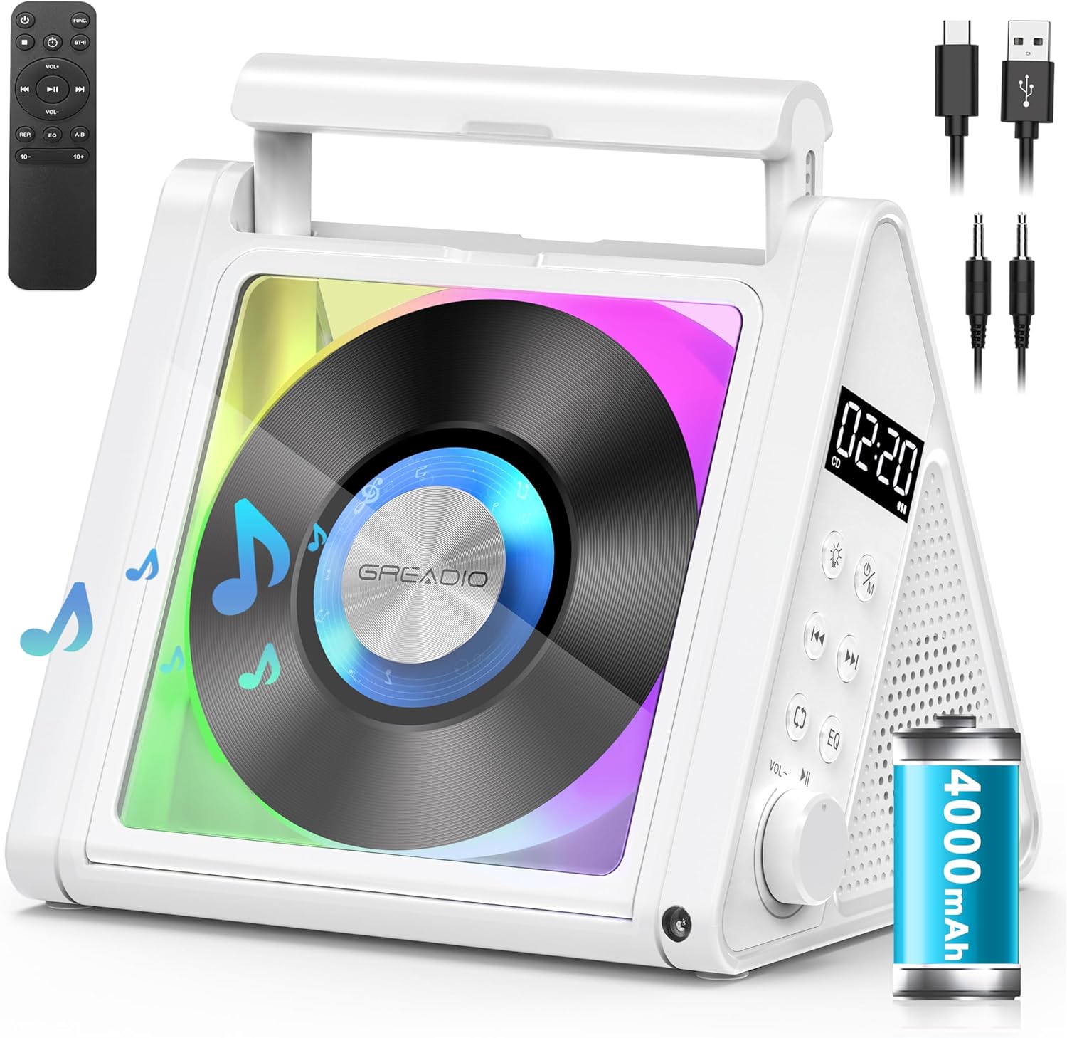 Bluetooth CD Player with 10W Speaker, Portable CD Player with 4000mAh Rechargeable Battery,Triangle Design Speaker with RGB Lights/Remote Control/Opt/USB/3.5mm Audio Jack/Handle for Home Music Lover