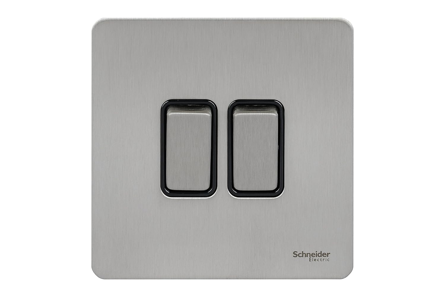 Schneider Electric Ultimate Screwless Flat Plate - Double Rocker 2 Way Light Switch, Single Pole, 16AX, GU1422BSS, Stainless Steel with Black Insert