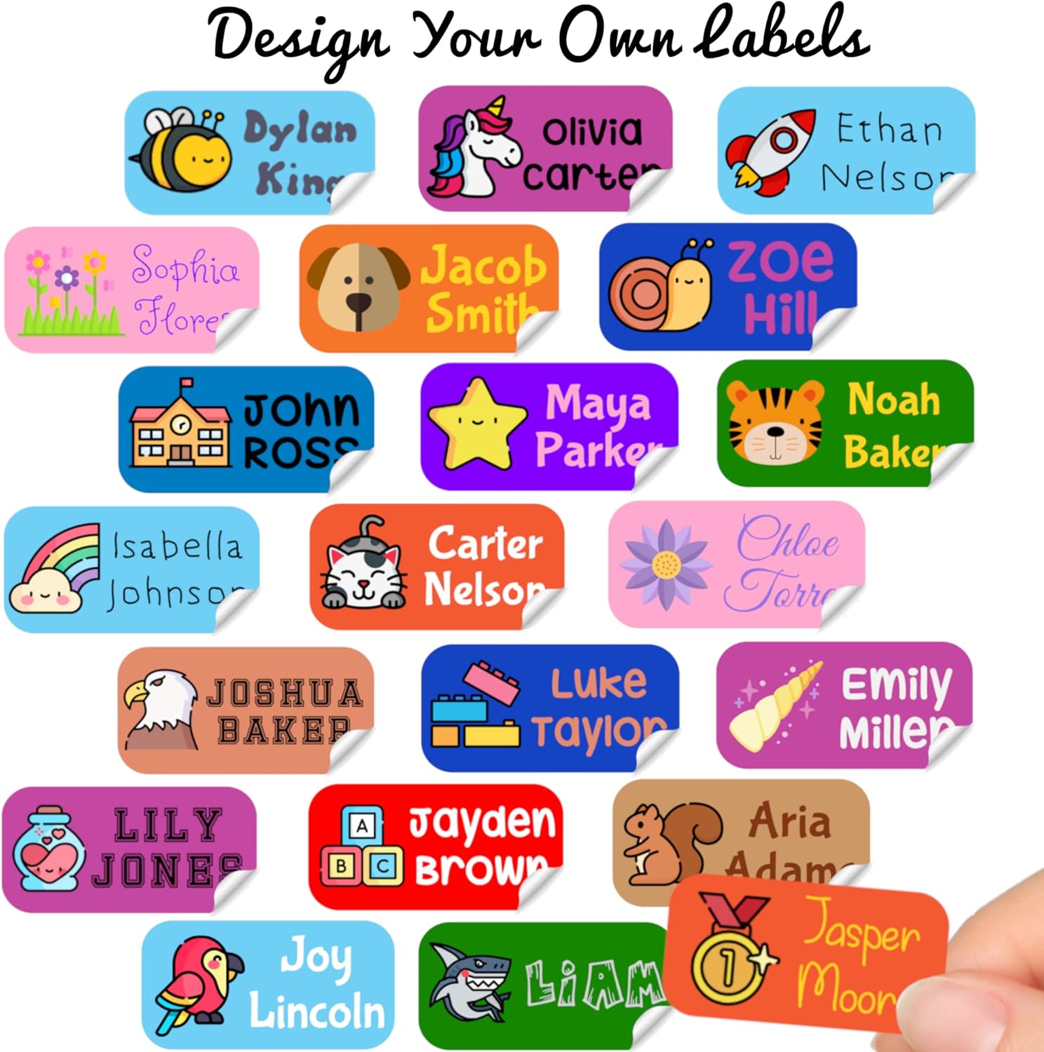 100 x Personalized Name Labels Perfect Kids Daycare and School Supplys Tag Labels Cute Children's Name Label Pack - Waterproof Safe Multi