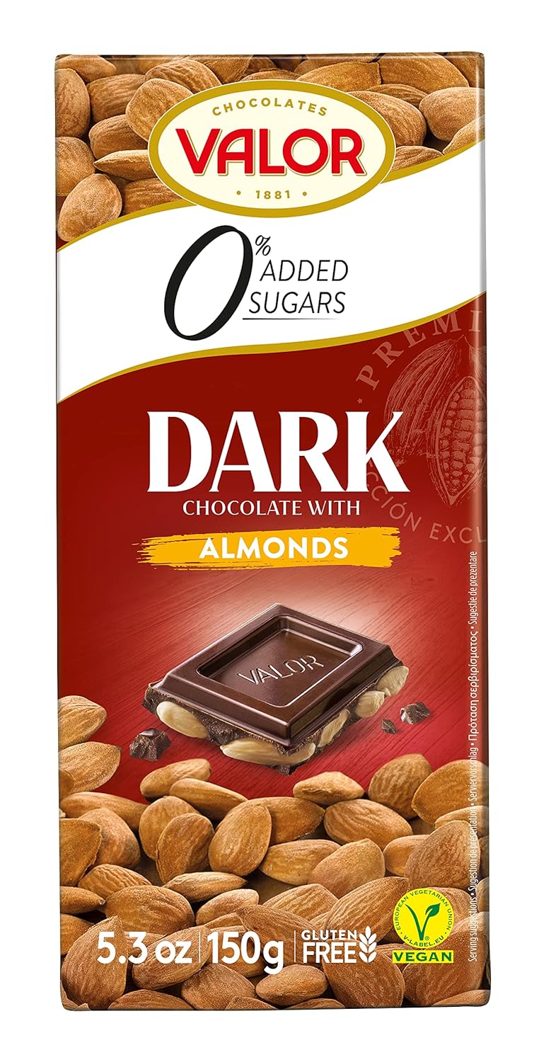 Valor. Dark Chocolate with Mediterranean Almonds. No sugar added. 150g (5.29oz).