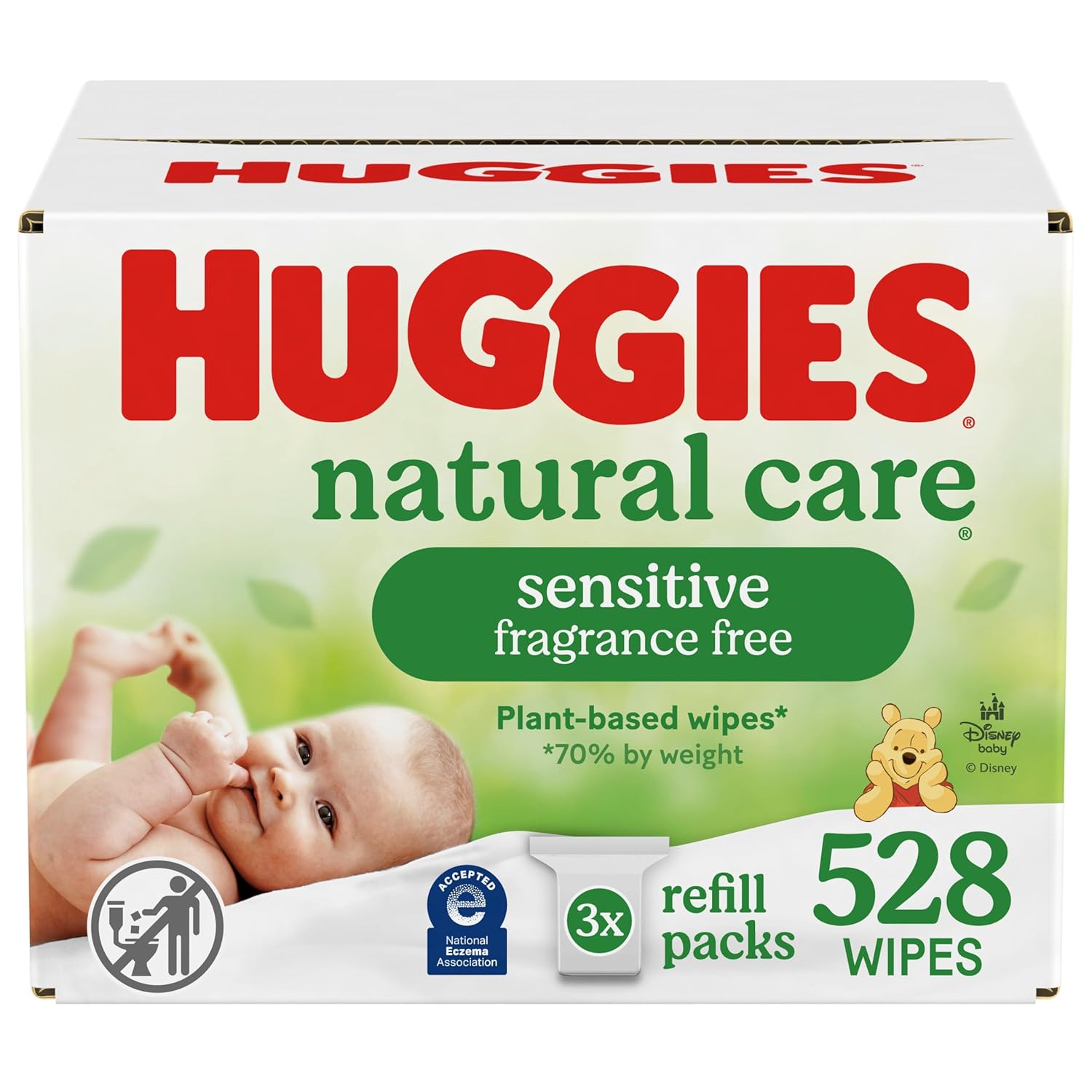 Huggies Natural Care Sensitive Baby Wipes, Unscented, Hypoallergenic, 99% Purified Water, 3 Refill Packs (528 Wipes Total)