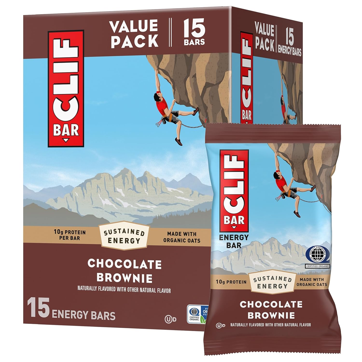 CLIF BAR - Chocolate Brownie Flavor - Made with Organic Oats - Energy Bars - Non-GMO - Plant Based Protein Bars (15 Pack)
