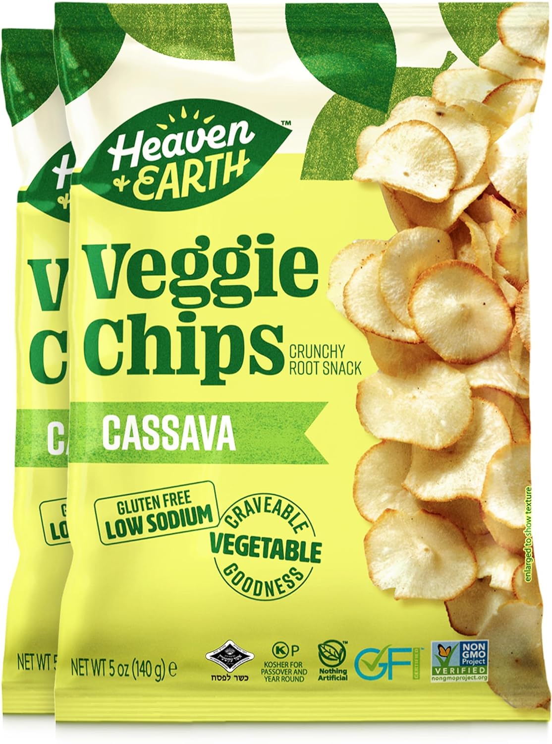 Heaven & Earth Cassava Chips, 5oz (2 Pack) Gluten Free | Non GMO | Low Sodium | Thin & Crisp Root Snack | Kosher